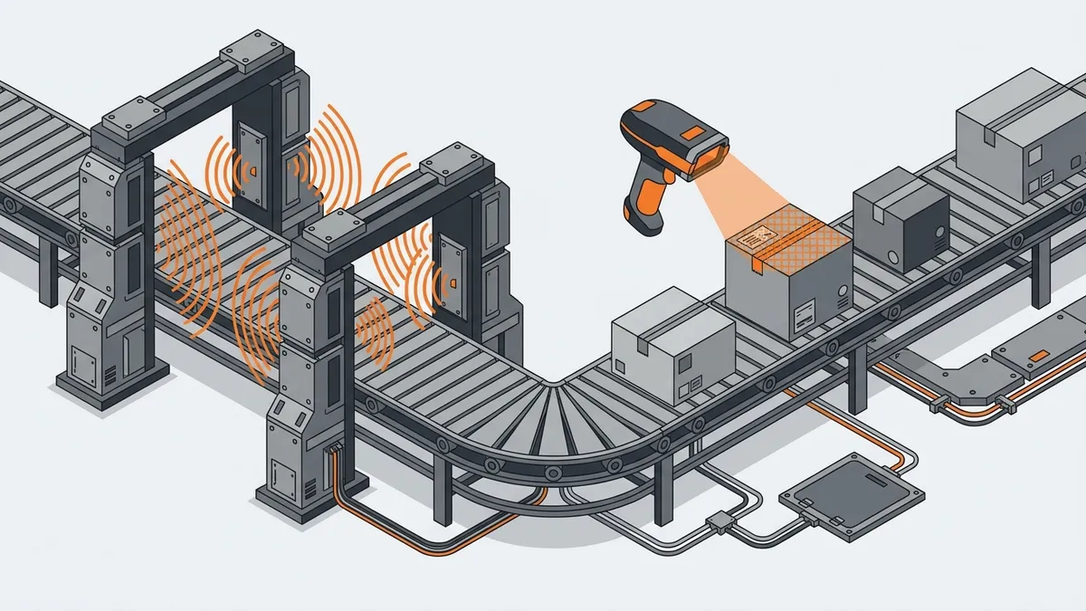 Изометрическое сравнение: RFID-ворота с антеннами и сканер штрихкодов над коробками