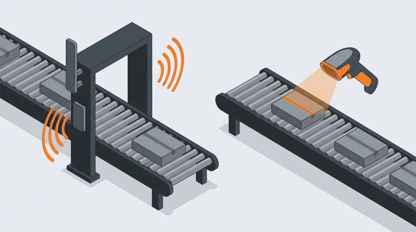 Изометрическое сравнение: RFID-ворота с антеннами и сканер штрихкодов над коробками — крупный план детали