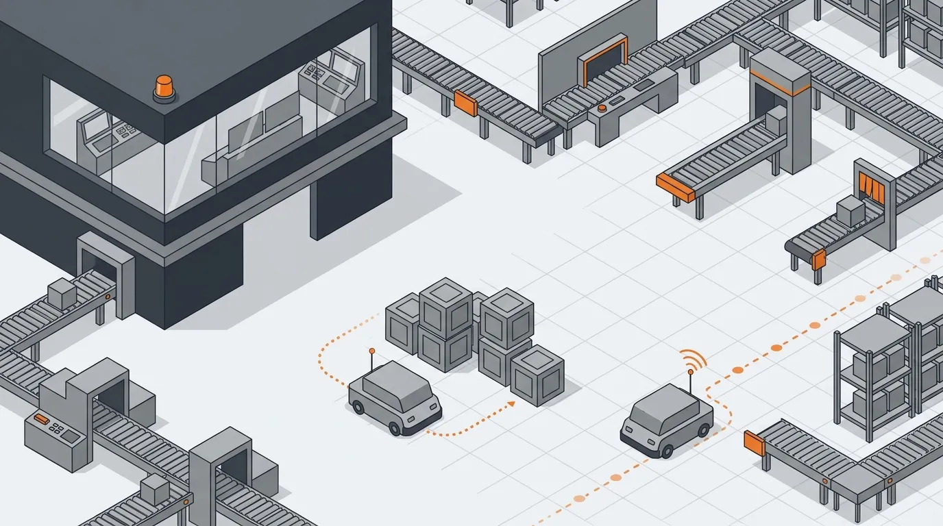 Изометрическое сравнение складских роботов: AGV движется по контуру, AMR объезжает препятствия — общий план процесса